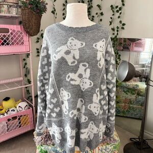 Vintage Teddy Bear Knit Sweater Gray Oversized Heart Print Cottagecore Y2K Cozy
